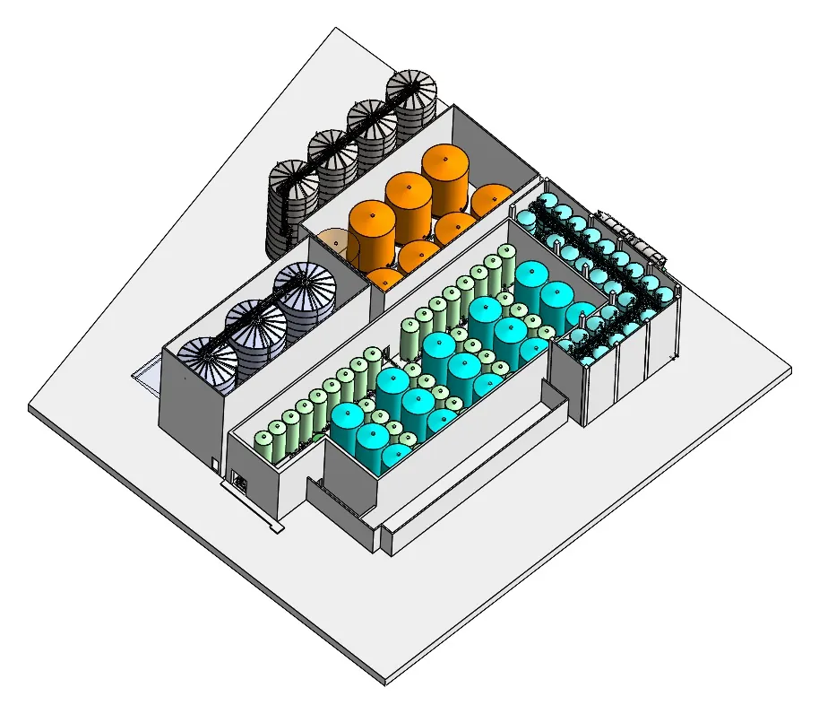 Progetto 3D dell'impianto di stoccaggio Tunihuile: file di serbatoi inox nei capannoni e grandi serbatoi all'esterno, con le tubazioni