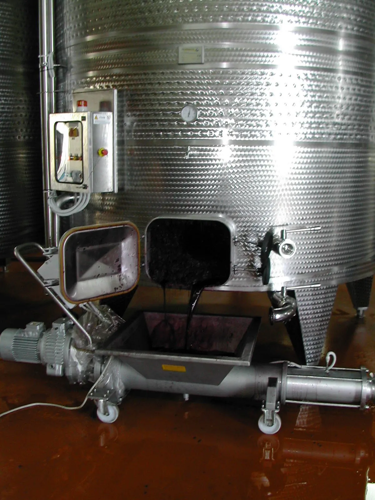 Portella di un vinificatore con coclea di raccolta delle vinacce